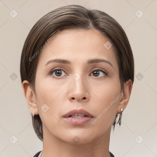 Neutral white young-adult female with medium  brown hair and brown eyes