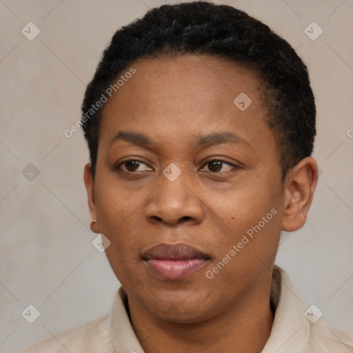 Joyful black young-adult female with short  black hair and brown eyes