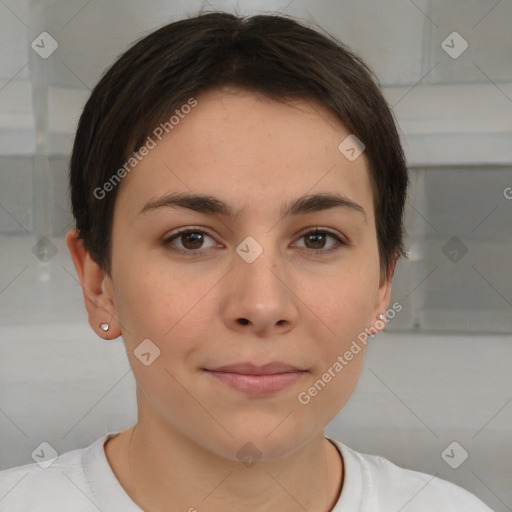 Joyful white young-adult female with short  brown hair and brown eyes