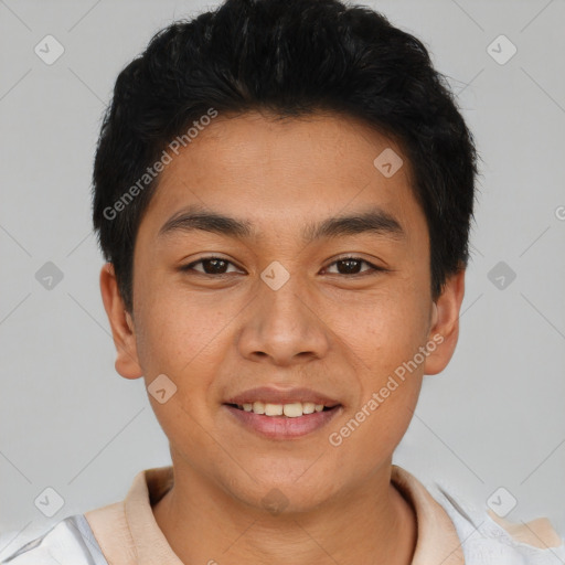 Joyful asian young-adult male with short  black hair and brown eyes