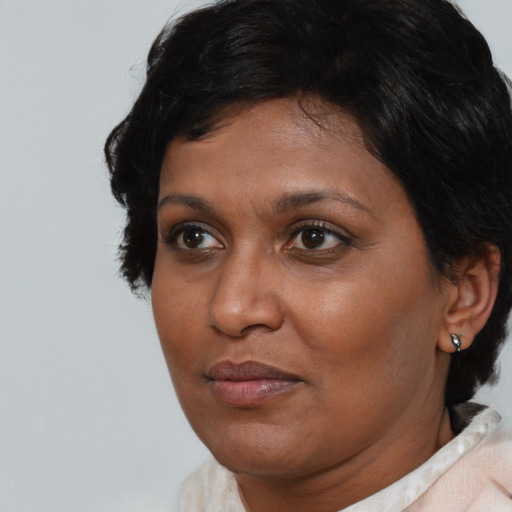 Joyful black adult female with short  brown hair and brown eyes