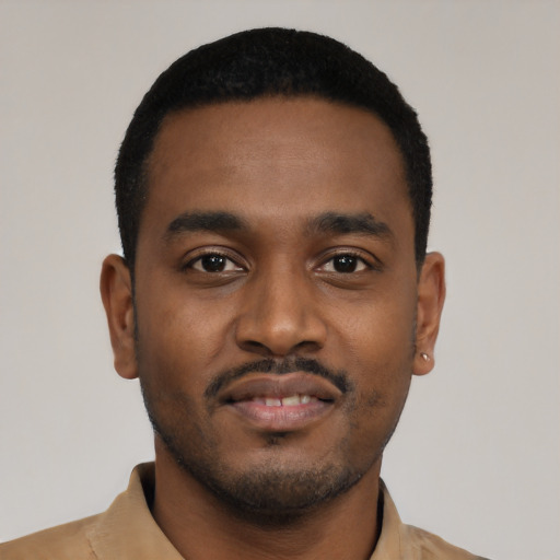 Neutral black young-adult male with short  black hair and brown eyes