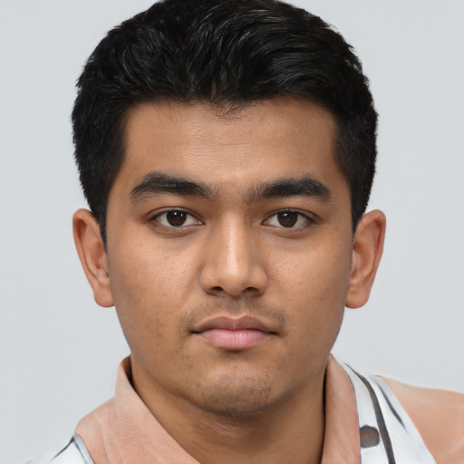 Neutral latino young-adult male with short  black hair and brown eyes