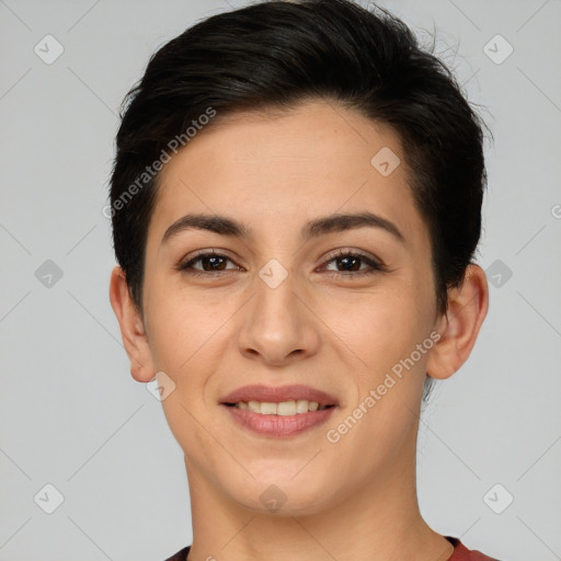 Joyful white young-adult female with short  brown hair and brown eyes