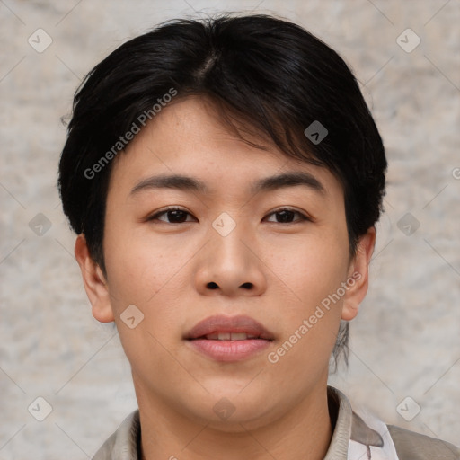 Joyful asian young-adult female with short  brown hair and brown eyes