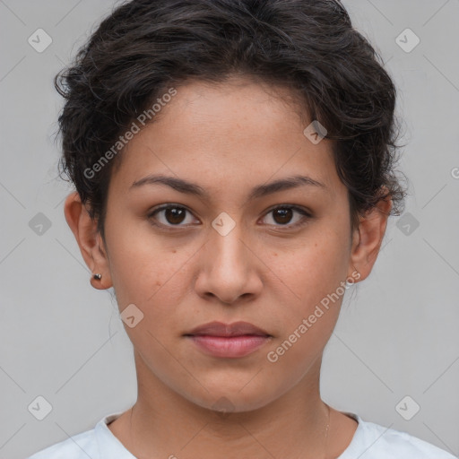 Neutral white young-adult female with short  brown hair and brown eyes