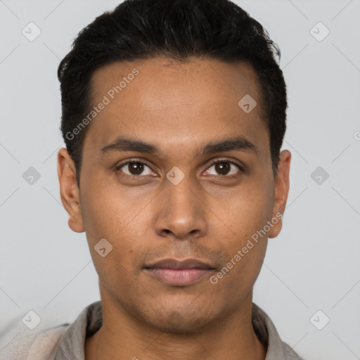 Neutral latino young-adult male with short  black hair and brown eyes