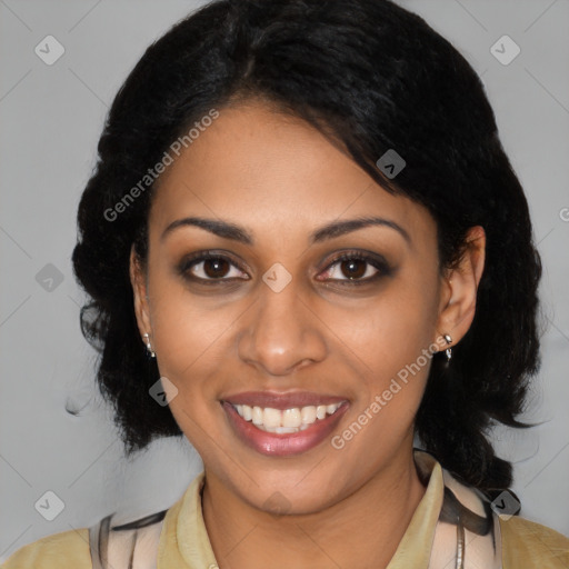 Joyful latino young-adult female with medium  brown hair and brown eyes