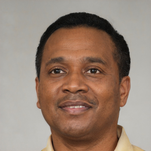 Neutral black adult male with short  black hair and brown eyes