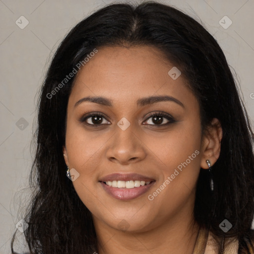 Joyful latino young-adult female with long  brown hair and brown eyes