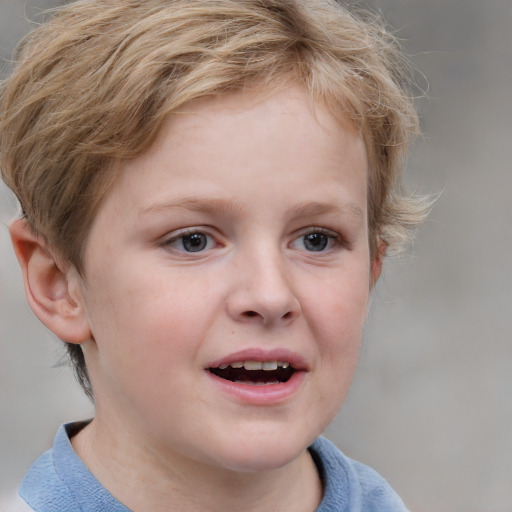 Joyful white child female with short  brown hair and blue eyes