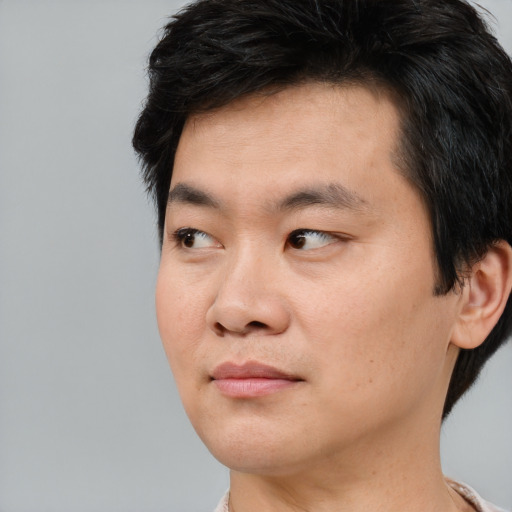 Neutral asian young-adult male with short  black hair and brown eyes