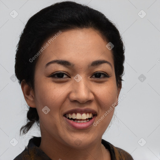 Joyful latino young-adult female with medium  black hair and brown eyes