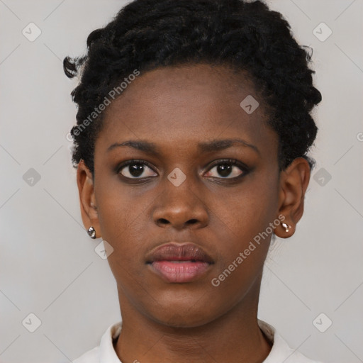 Neutral black young-adult female with short  black hair and brown eyes