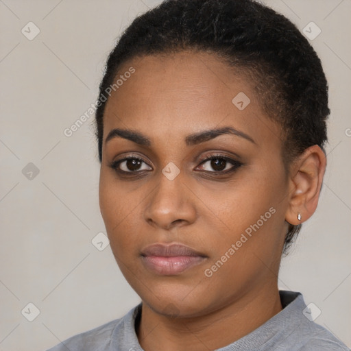 Neutral black young-adult female with short  brown hair and brown eyes