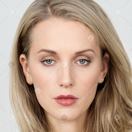 Neutral white young-adult female with long  brown hair and grey eyes