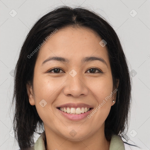 Joyful asian young-adult female with medium  brown hair and brown eyes