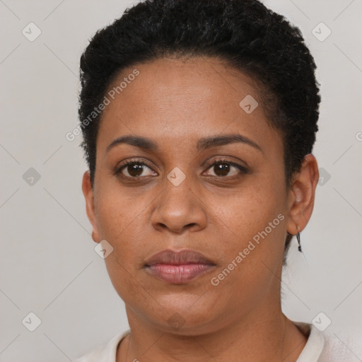 Neutral black young-adult female with short  black hair and brown eyes