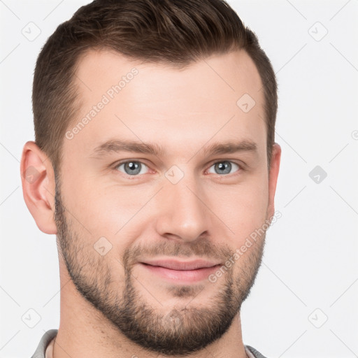 Joyful white young-adult male with short  brown hair and brown eyes