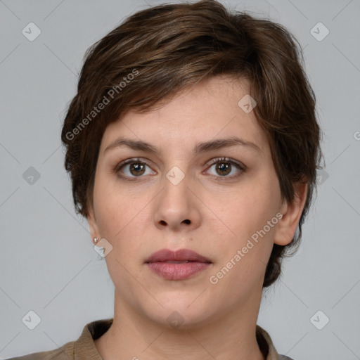 Neutral white young-adult female with medium  brown hair and brown eyes