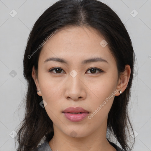 Neutral asian young-adult female with medium  brown hair and brown eyes