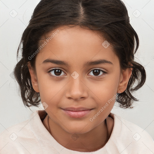 Joyful white child female with medium  brown hair and brown eyes