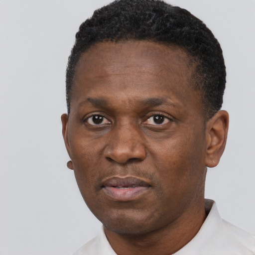 Neutral black adult male with short  black hair and brown eyes