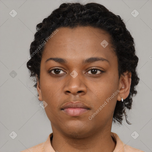 Neutral black young-adult female with short  black hair and brown eyes