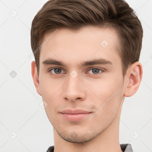 Neutral white young-adult male with short  brown hair and brown eyes