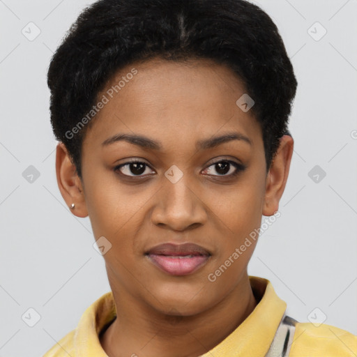 Joyful black young-adult female with short  black hair and brown eyes