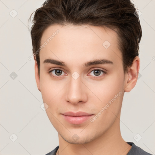 Neutral white young-adult male with short  brown hair and brown eyes