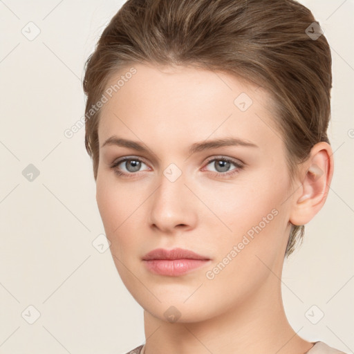 Neutral white young-adult female with short  brown hair and brown eyes