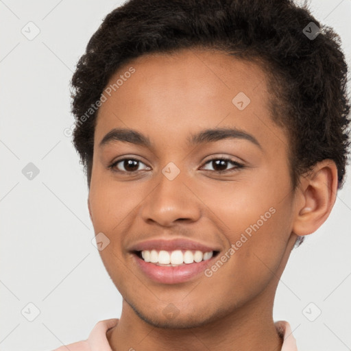 Joyful latino young-adult female with short  brown hair and brown eyes