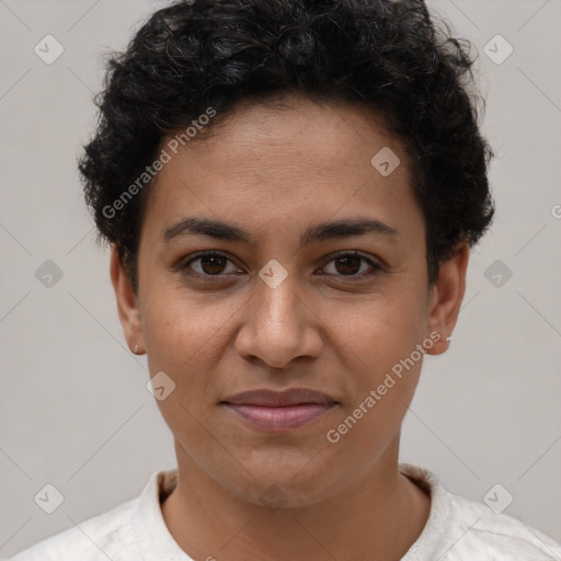 Joyful latino young-adult female with short  brown hair and brown eyes