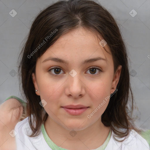 Joyful white child female with medium  brown hair and brown eyes