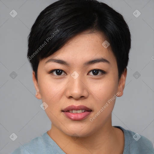 Joyful asian young-adult female with short  black hair and brown eyes