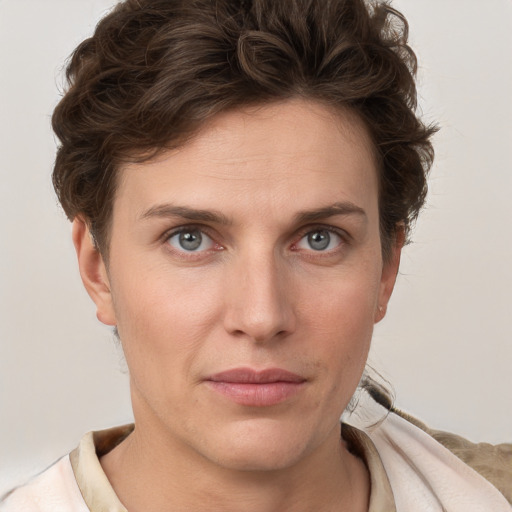 Neutral white young-adult female with short  brown hair and brown eyes