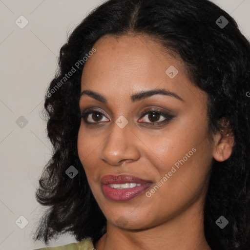 Joyful latino young-adult female with long  black hair and brown eyes