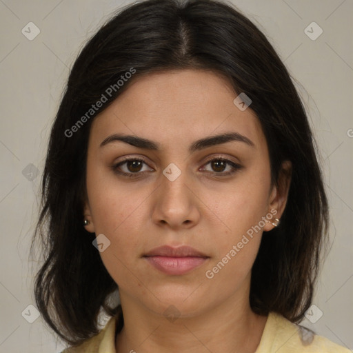 Neutral white young-adult female with medium  brown hair and brown eyes