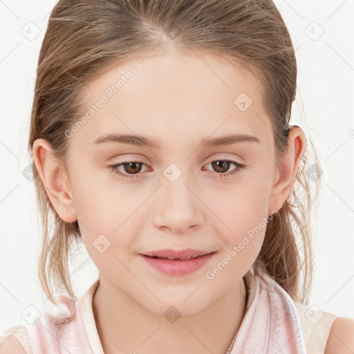 Joyful white child female with medium  brown hair and blue eyes