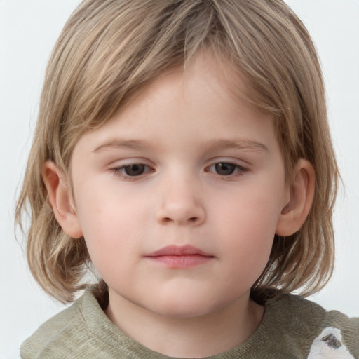 Neutral white child female with medium  brown hair and grey eyes