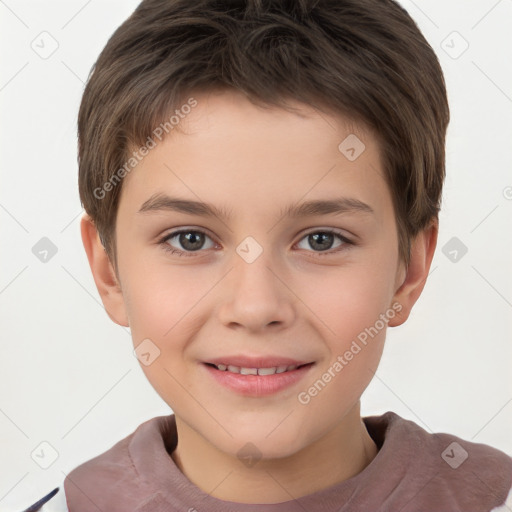 Joyful white child male with short  brown hair and brown eyes