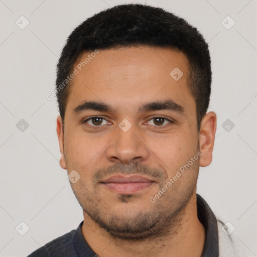 Neutral latino young-adult male with short  black hair and brown eyes