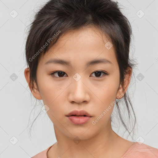 Neutral asian young-adult female with medium  brown hair and brown eyes