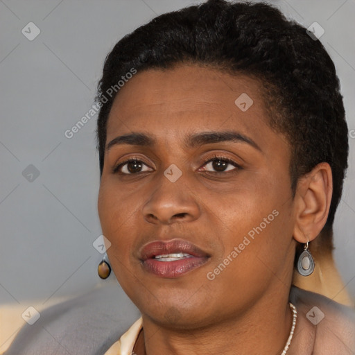 Joyful black young-adult female with short  black hair and brown eyes