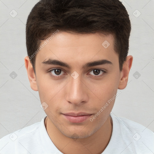 Neutral white young-adult male with short  brown hair and brown eyes