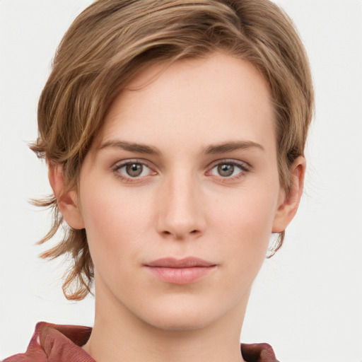 Neutral white young-adult female with medium  brown hair and grey eyes