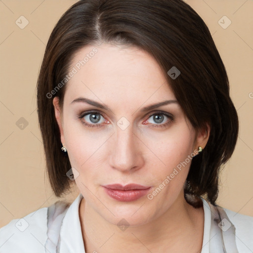 Neutral white young-adult female with medium  brown hair and brown eyes