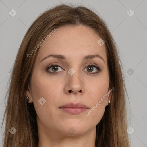 Joyful white young-adult female with long  brown hair and green eyes