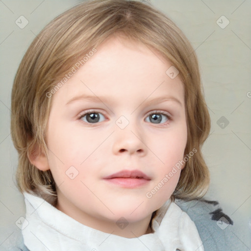 Neutral white child female with medium  brown hair and blue eyes